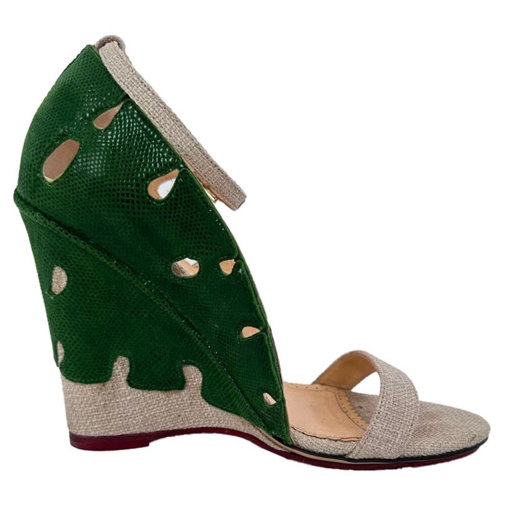 Charlotte Olympia Leaf Accent Sandal Heels in Green and Beige Raffia